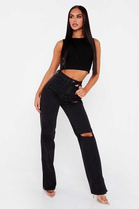 High Waist Straight Slimming Cool Black Denim Trousers Mop Hem Split Smooth Micro-Flared Pants Women Clothing