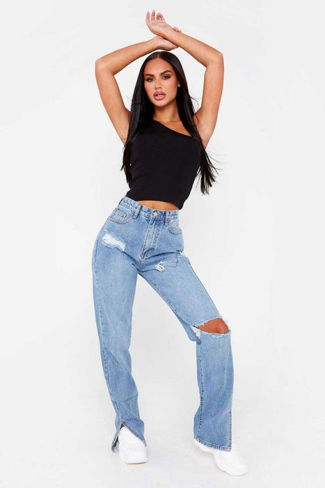 High Waist Straight Slimming Cool Black Denim Trousers Mop Hem Split Smooth Micro-Flared Pants Women Clothing