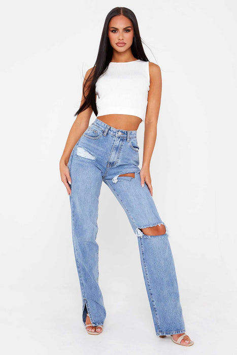 High Waist Straight Slimming Cool Black Denim Trousers Mop Hem Split Smooth Micro-Flared Pants Women Clothing