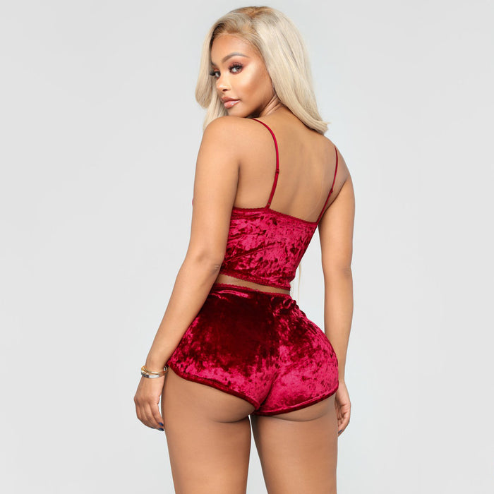 Summer Hollow Out Cutout Sexy Slim Fit Velvet Lace Two Piece Set Shorts Club Wear