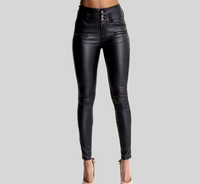 Women Clothing High Waist 3-Button Slim-Fit Faux Leather Pants Skinny Pants Faux Leather