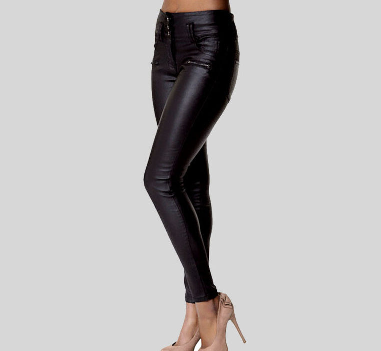 Women Clothing High Waist 3-Button Slim-Fit Faux Leather Pants Skinny Pants Faux Leather