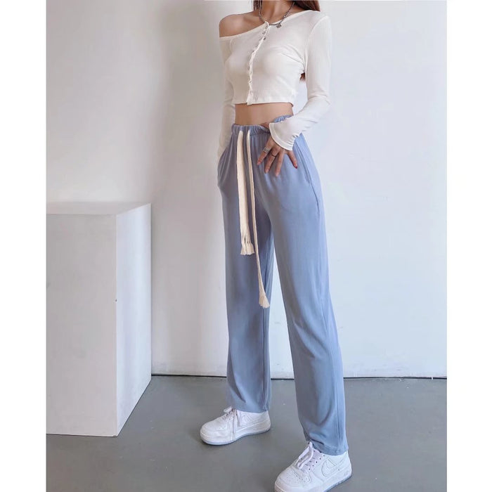 Urban Casual Simple Long Wide-Leg Pants Early Autumn Women Casual Trousers Elastic Waist Drawstring Walking Pants