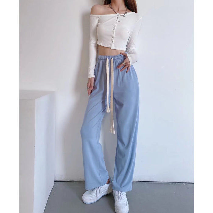 Urban Casual Simple Long Wide-Leg Pants Early Autumn Women Casual Trousers Elastic Waist Drawstring Walking Pants