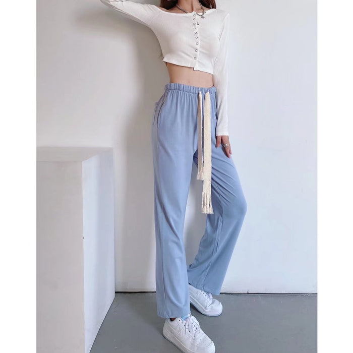 Urban Casual Simple Long Wide-Leg Pants Early Autumn Women Casual Trousers Elastic Waist Drawstring Walking Pants