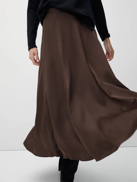 Spring Women Brown Satin Draping Simple Solid Color All-Matching Draping Skirt