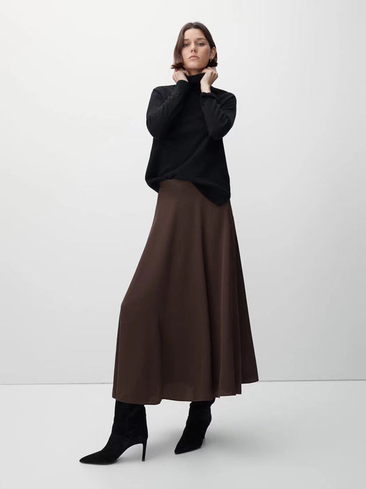 Spring Women Brown Satin Draping Simple Solid Color All-Matching Draping Skirt