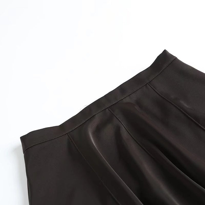 Spring Women Brown Satin Draping Simple Solid Color All-Matching Draping Skirt