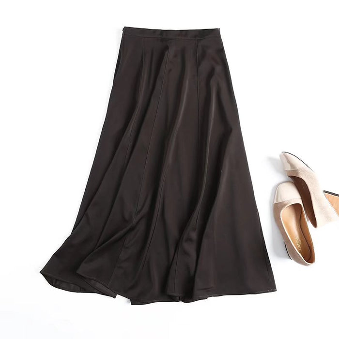 Spring Women Brown Satin Draping Simple Solid Color All-Matching Draping Skirt