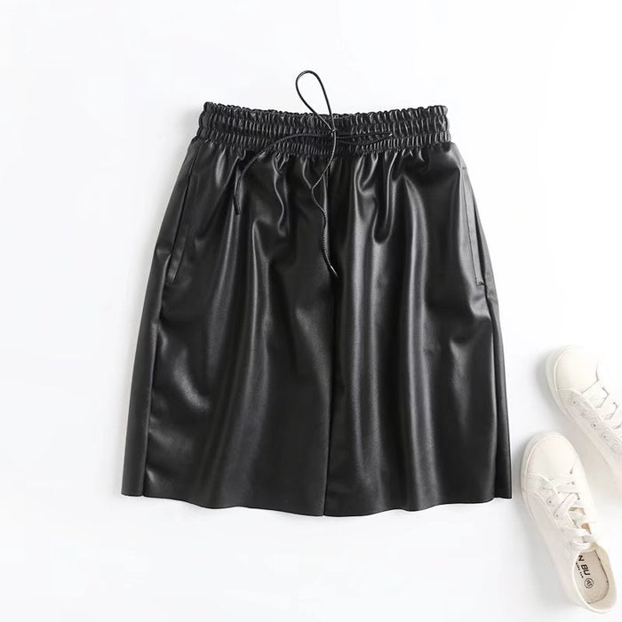 Autumn Black Faux Leather Soft Leather Elastic Waistband Lace-up Skirt Women Casual Skirt