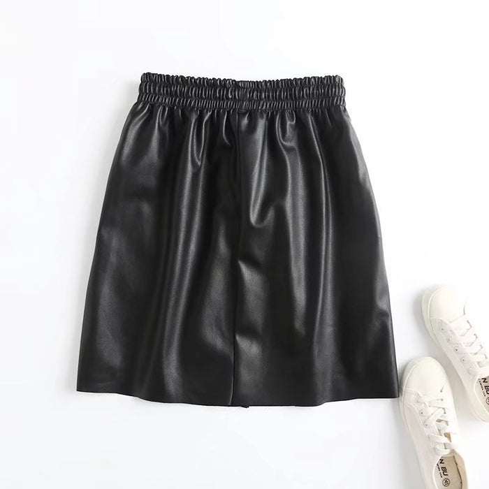 Autumn Black Faux Leather Soft Leather Elastic Waistband Lace-up Skirt Women Casual Skirt