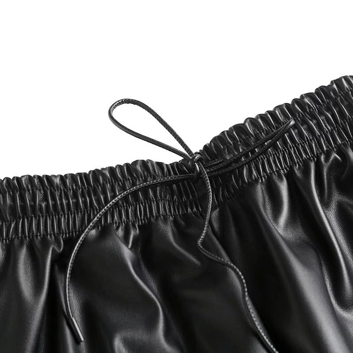 Autumn Black Faux Leather Soft Leather Elastic Waistband Lace-up Skirt Women Casual Skirt