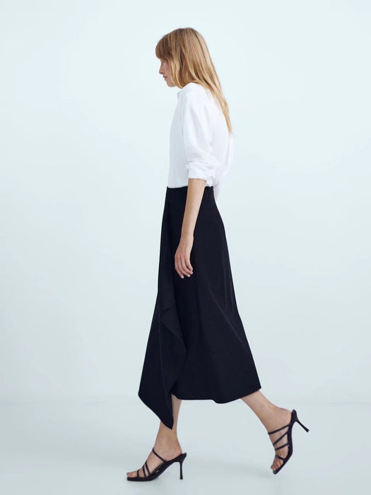 New Front Pleated Fashionable Thin Skirt Oblique Placket Autumn Winter Draping Woolen Midi Skirt