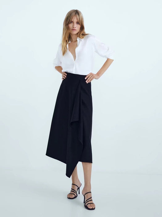 New Front Pleated Fashionable Thin Skirt Oblique Placket Autumn Winter Draping Woolen Midi Skirt