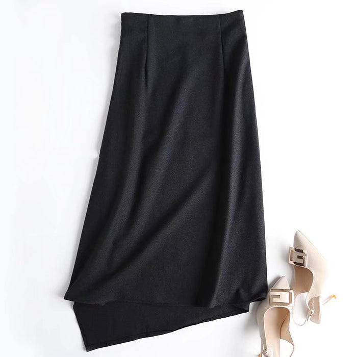 New Front Pleated Fashionable Thin Skirt Oblique Placket Autumn Winter Draping Woolen Midi Skirt