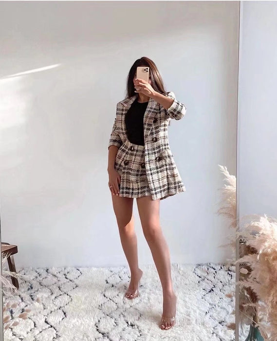 Office Office Lightly Mature Shorts Spring New Check Plaid Skirt High Waist Slimming Longer Leg Check Wide Leg Shorts Skort Tweed