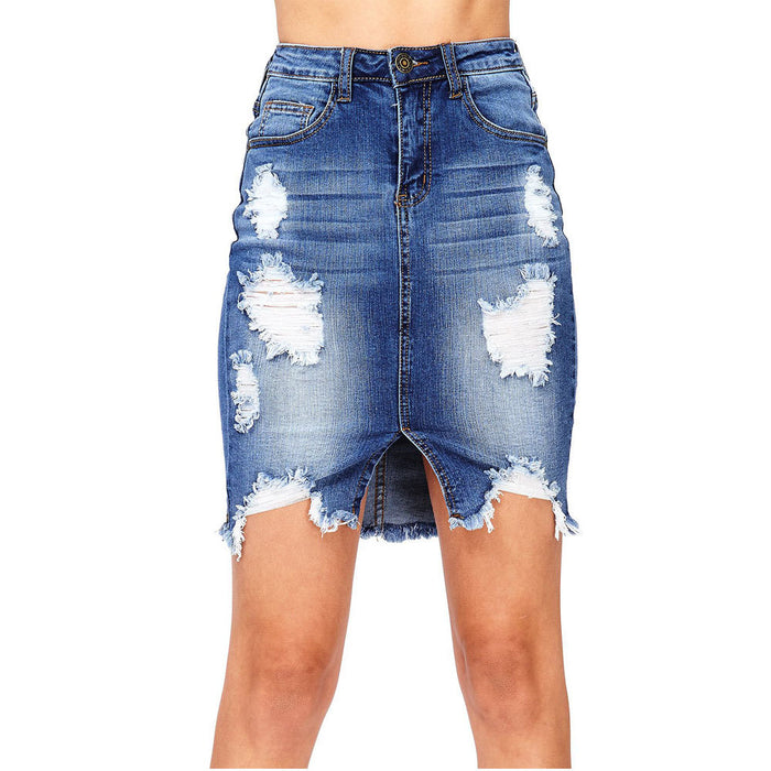 Spring  Ripped Sheath Hip Raise Slim Fit Women Denim Skirt