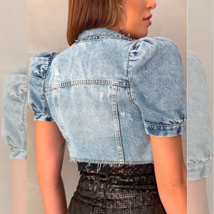 Crop Denim Jacket  Wind Cut Retro Tattered Jeans Puff Sleeve Denim Jacket Top