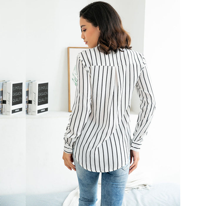 Women Clothing Sexy Vertical Striped Shirt V neck Long Sleeve Slim Fit Top Women