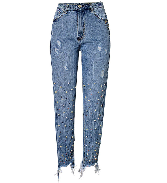 High Waist Slim Straight Pearl Studded Irregular Asymmetric Foot Tassel Ripped Denim Trousers