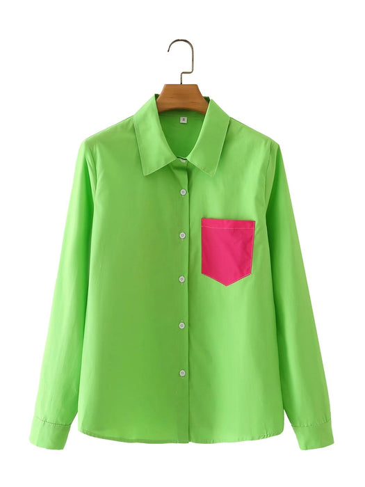 Polo Collar Long Sleeve Single Breasted Color Contrast Patchwork Shirt Top