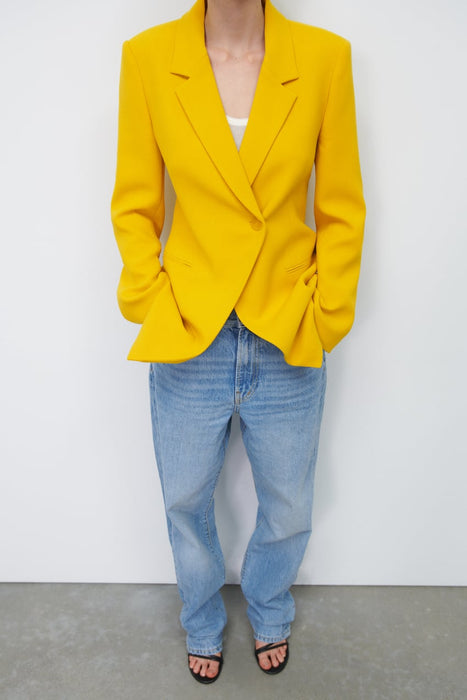 Spring Retro Collared Long Sleeve One Button Yellow Blazer Female