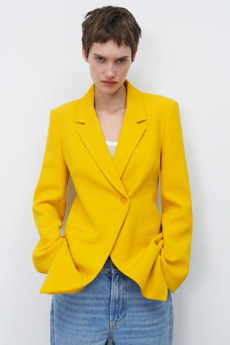 Spring Retro Collared Long Sleeve One Button Yellow Blazer Female