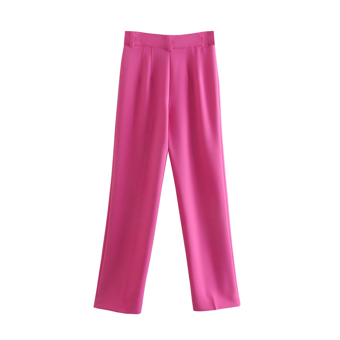 Spring Women Rose Pink Straight Long Pants