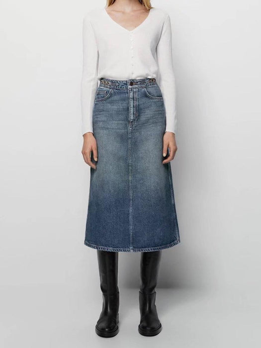 Spring Women Clothing Office Stitching Blue Denim Skirt