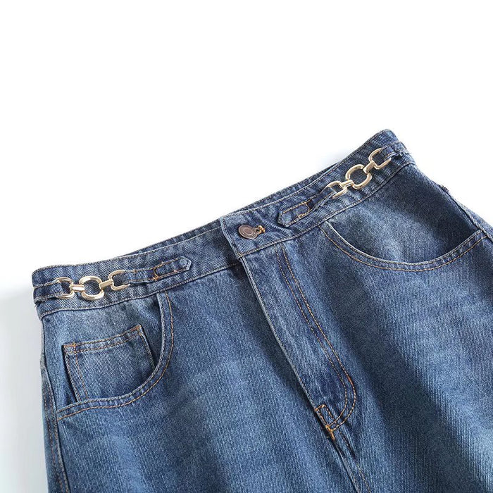 Spring Women Clothing Office Stitching Blue Denim Skirt