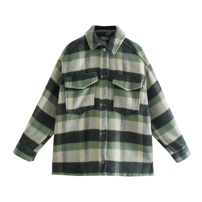 Autumn Collared Single Breasted Plaid Stickers Large Pocket Long Sleeve Shacket Coat