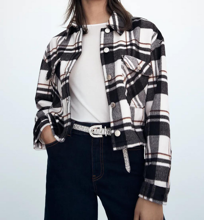 Autumn Winter Black White Plaid Short Single-Breasted Double Pocket Collared Long Sleeve Shacket Coat