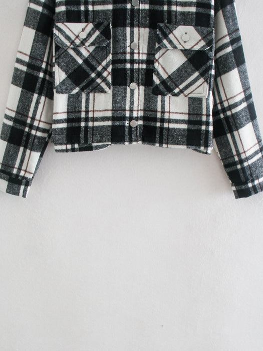 Autumn Winter Black White Plaid Short Single-Breasted Double Pocket Collared Long Sleeve Shacket Coat