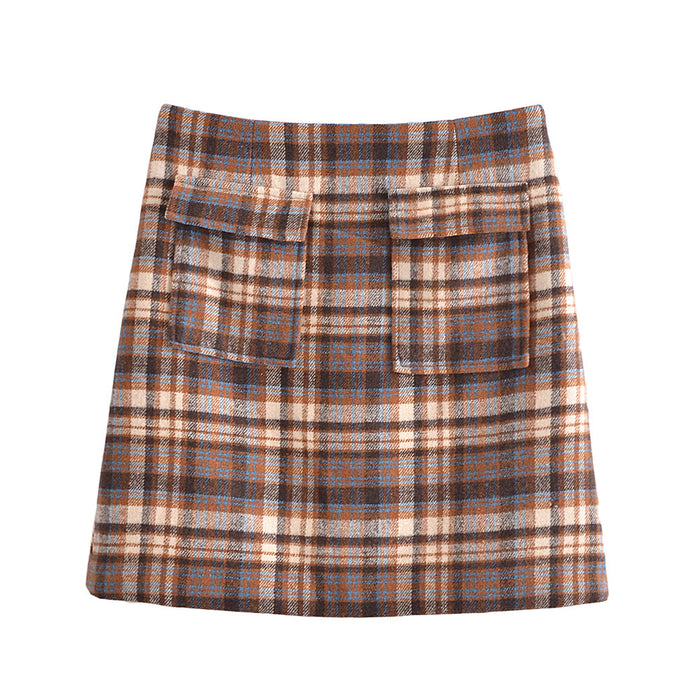 Fall Double Pocket Decorative Woolen Plaid Skirt