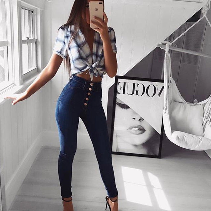 Women Clothing  High Waist Hip Lift Slim Breasted New Jeans Women Trousers