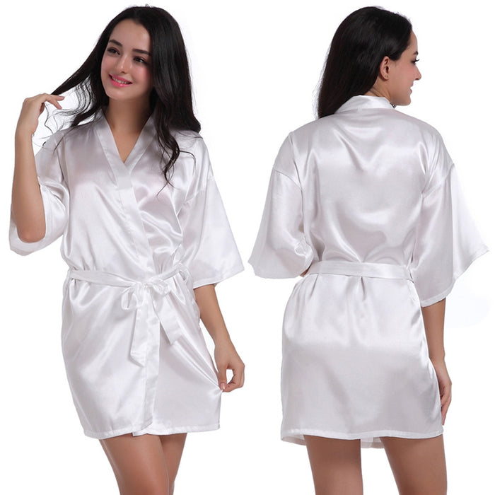 Ladies Robe Artificial Silk Satin Kimono Gown Glossy Solid Color Thin Cardigan Gown Summer Sexy Short Bathrobe