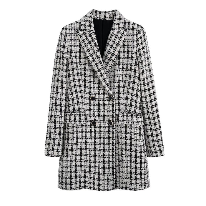 Women Clothing Spring New Plaid Mid-Length Casual Blazer Women Tweed