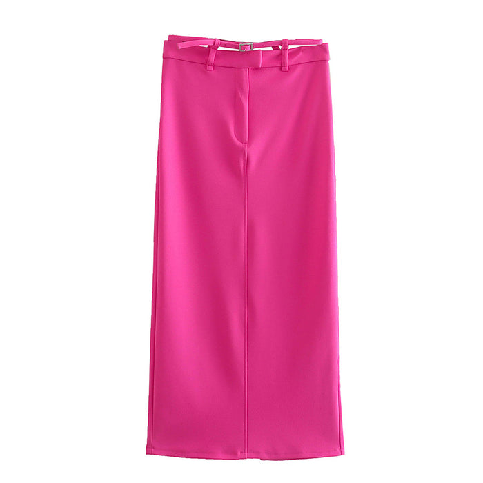 Spring Summer Women New Solid Color with Belt Midi  Hip Skirt Skirt