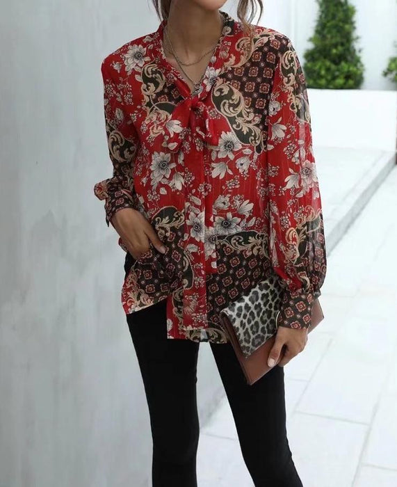 Women Clothing Summer Gold Thread Chiffon Printing Shirt with Ribbon