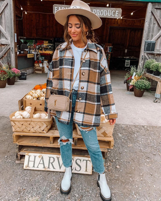 Autumn Winter Fashionable Large Plaid Shacket Women Woolen Coat