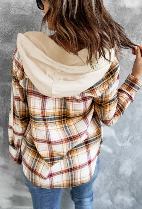 Autumn Winter Women Clothing Hooded Polyester Cotton Plaid Shacket Coat