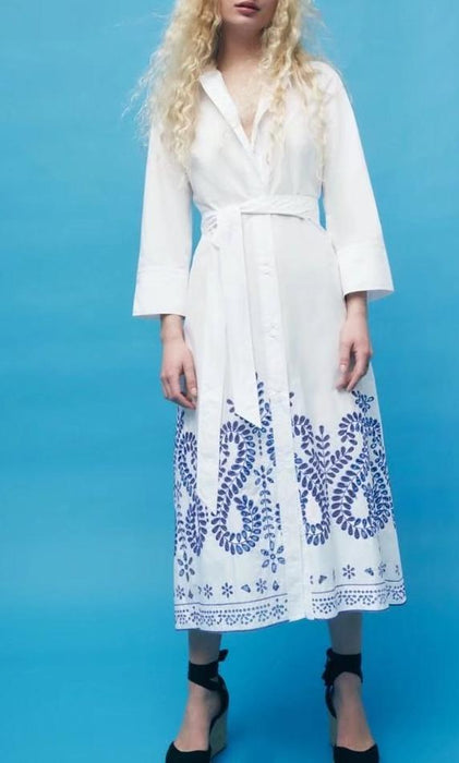 Spring Summer Street Women Dress Eyelet Embroidered Shirt Dress