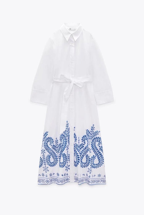 Spring Summer Street Women Dress Eyelet Embroidered Shirt Dress