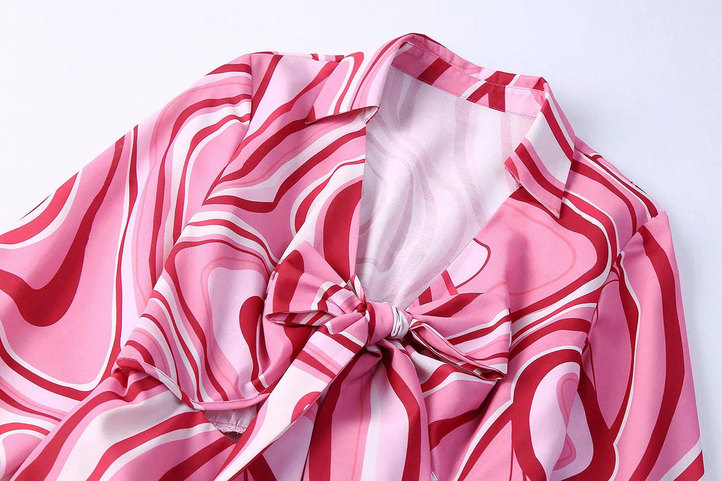 Women Sweet Linen Printed Mini Dress Summer Tie-Neck Flared Sleeves Bowknot Decoration Girly