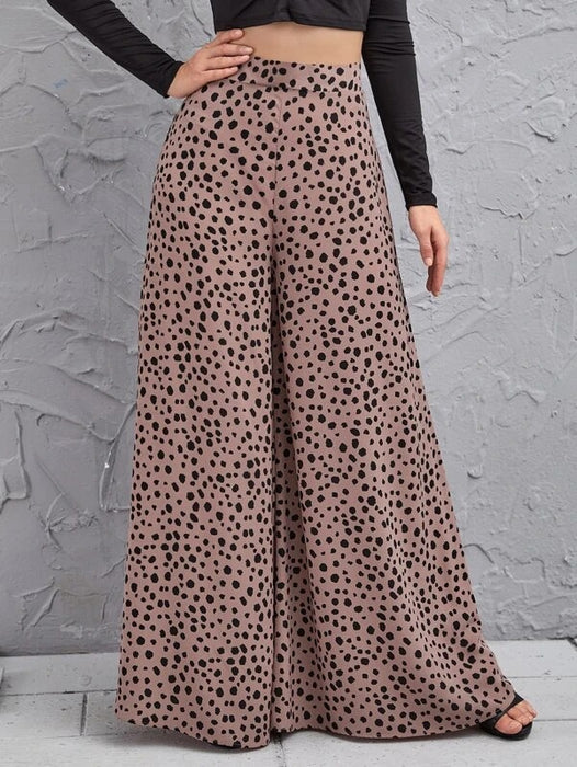 New Spring Summer Loose High Waist Leopard-Print Draping Wide-Leg Trousers Swing Pants