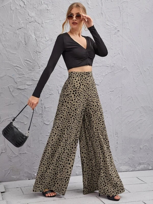 New Spring Summer Loose High Waist Leopard-Print Draping Wide-Leg Trousers Swing Pants