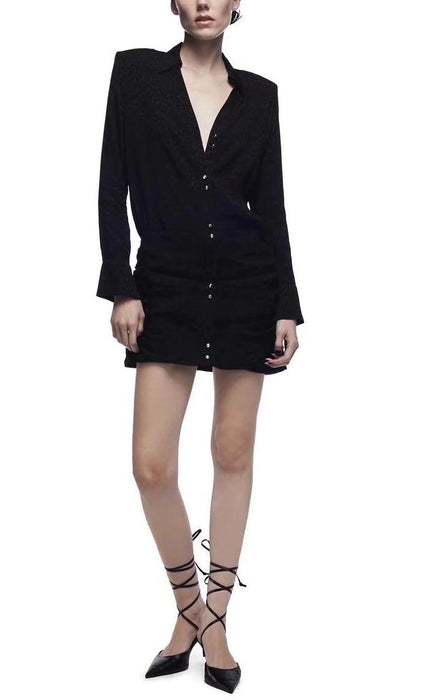 Women Fashion Texture Long Sleeve Straight Cardigan Mini Dress Summer Pleated Casual Short