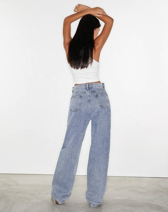 Women Clothing High Waist Loose Straight-Leg Denim Trousers Washed Stone-Washed Indigo Pull down Accumulation Street Wide-Leg Jeans