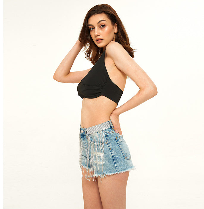 Summer Nightclub Tassel Wide Leg High Waist Heavy Industry Tide Drill Chain Denim Shorts for Women