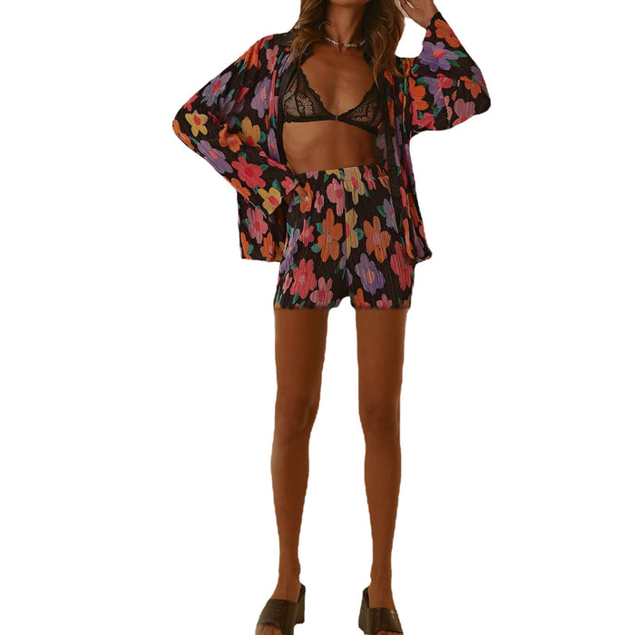 Spring Summer Suit Women Shirt Long Sleeve Floral Printing Collared Cardigan Shorts Two-Piece